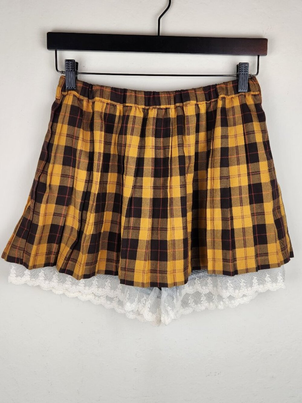 Cupop Japan Yellow Brown Plaid Lace Trim Pleated Mini Skirt Skort sz M - Picture 11 of 11
